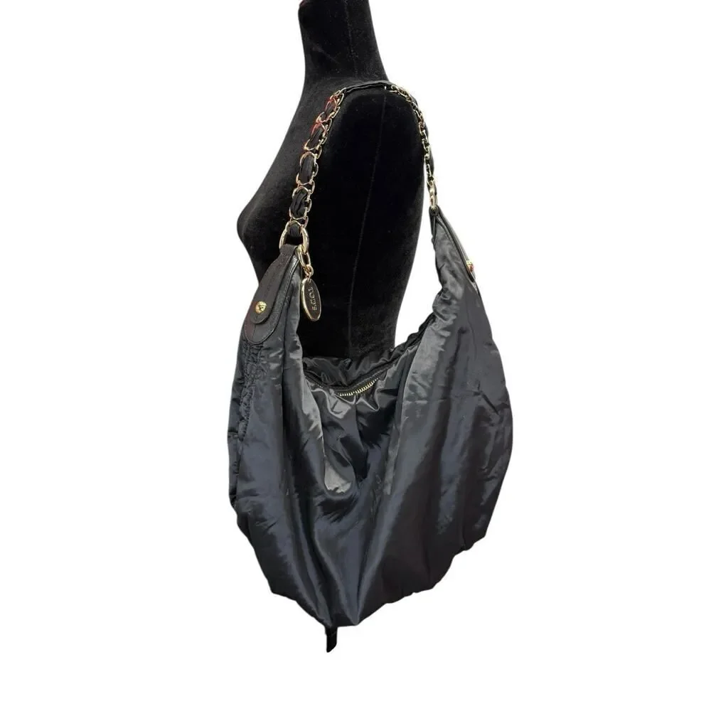 TOD’S Black Hobo Nylon Shoulder Bag w/ Gold Chain Strap & Leather Trim, Italy